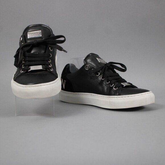 Philipp Plein Shoes - Philipp Plein Sz 38 Black Leather Upper Rubber Sole Silver Logo Tennis Shoes